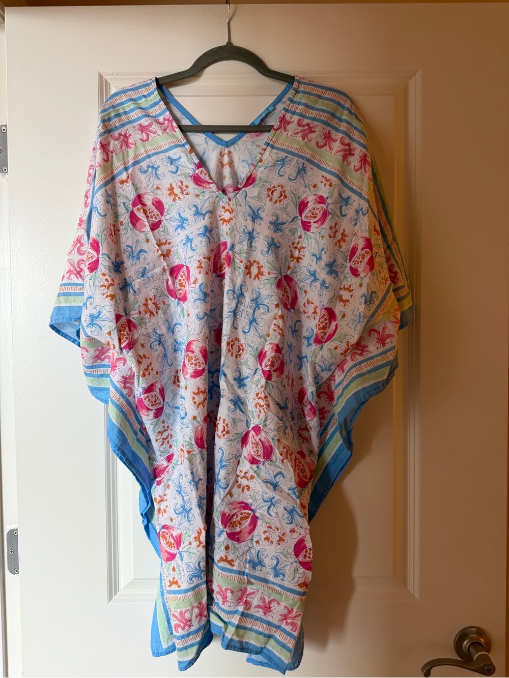 J McLaughlin Printed Caftan Cover Up in White with Pink & Blue Accents